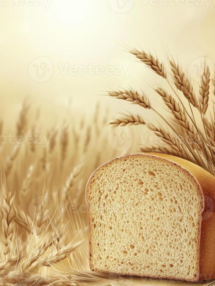 Golden Wheat Field with Fresh Bread Slice for Bakery Concepts photo
