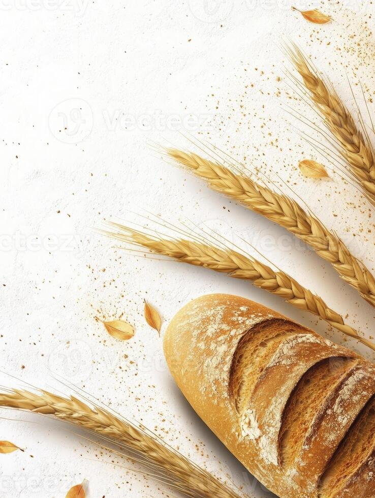 Fresh Bread Loaf with Wheat Stalks on a White Textured Background photo