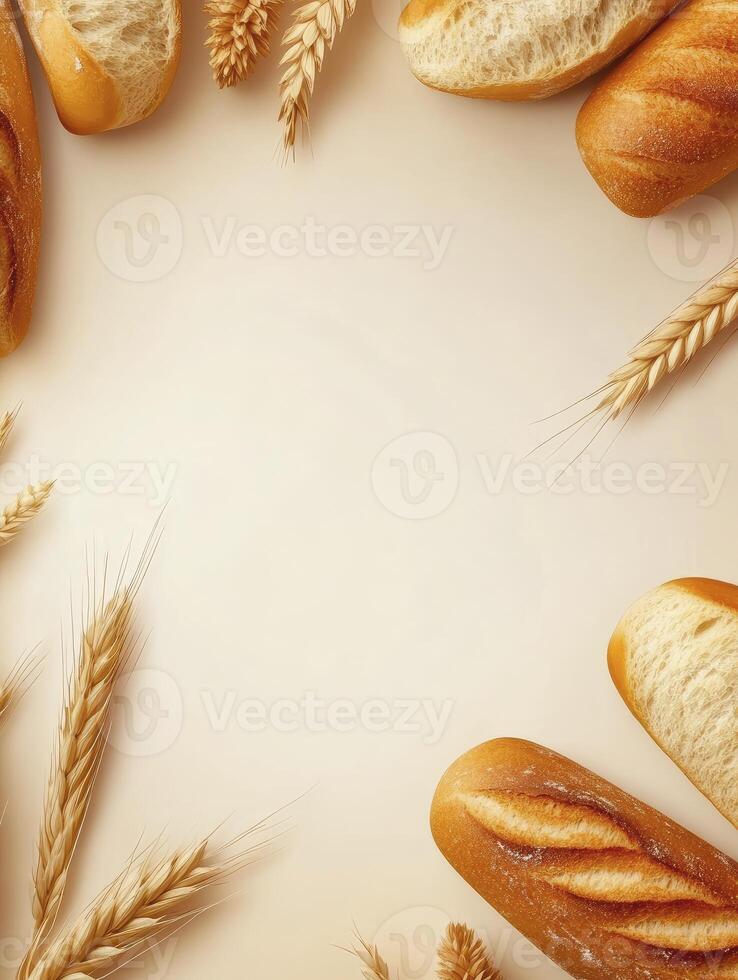 Fresh Bread and Wheat Border on Beige Background with Copy Space photo