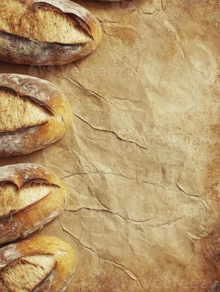 Rustic Loaves of Bread on Brown Paper Background with Copy Space photo