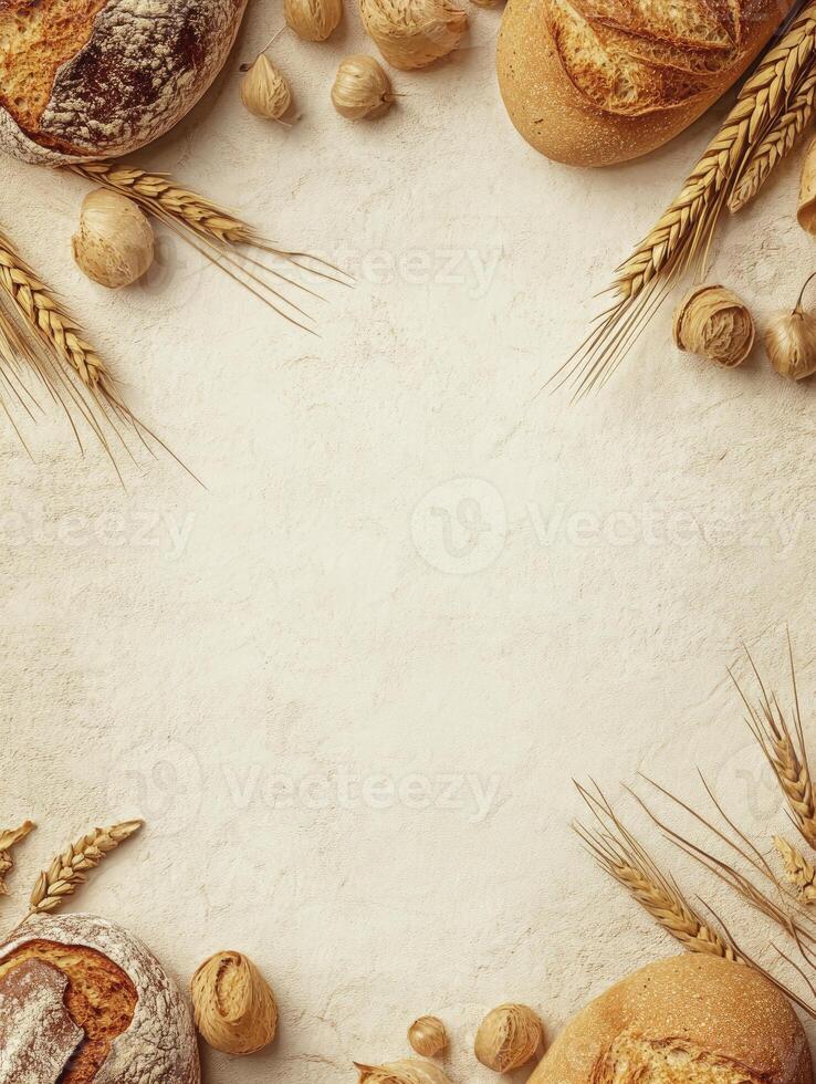 Artisan Bread Background with Wheat Decoration and Empty Space for Text photo