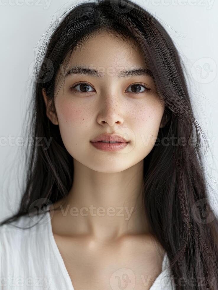 Asian Woman Portrait with Long Dark Hair and Soft Neutral Makeup photo