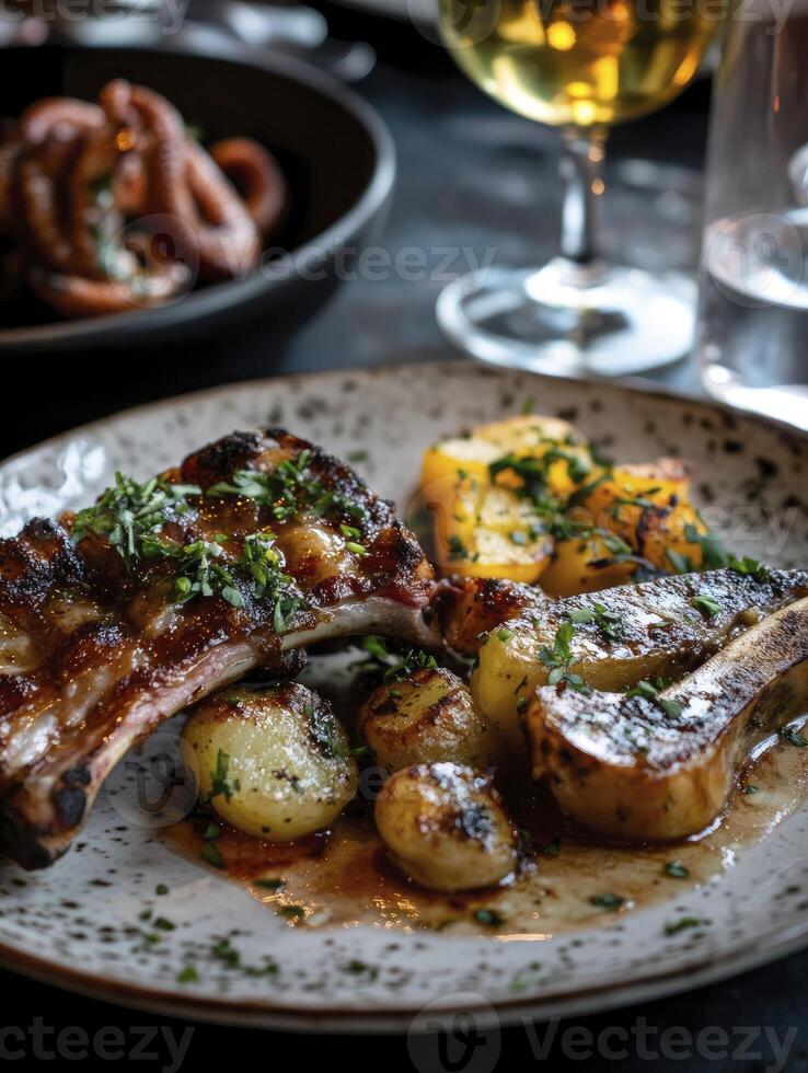 Grilled Lamb Chops with Potatoes and Octopus Appetizer at Restaurant Table photo