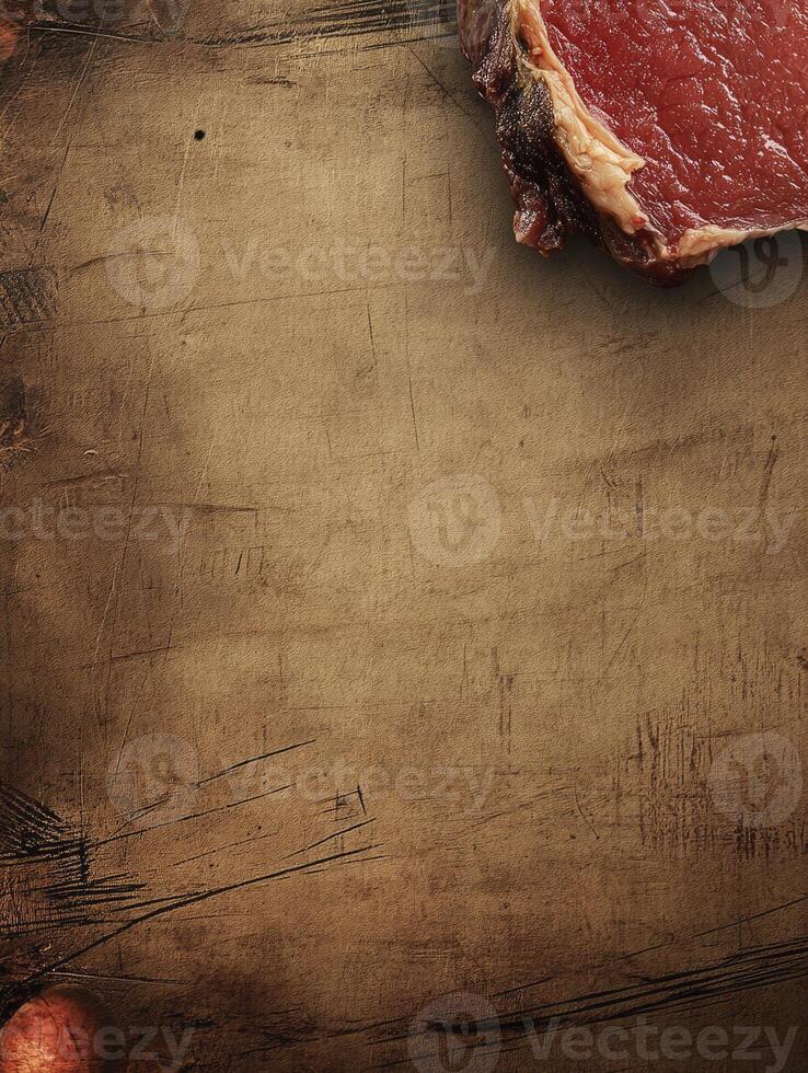 Raw Steak Resting on Aged Wooden Cutting Board for Culinary Projects photo