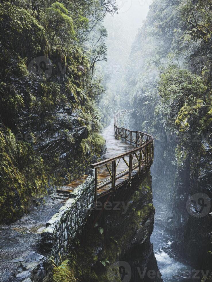 Walking Along Cliffside Path Through Misty Forest in Mountainous Landscape photo