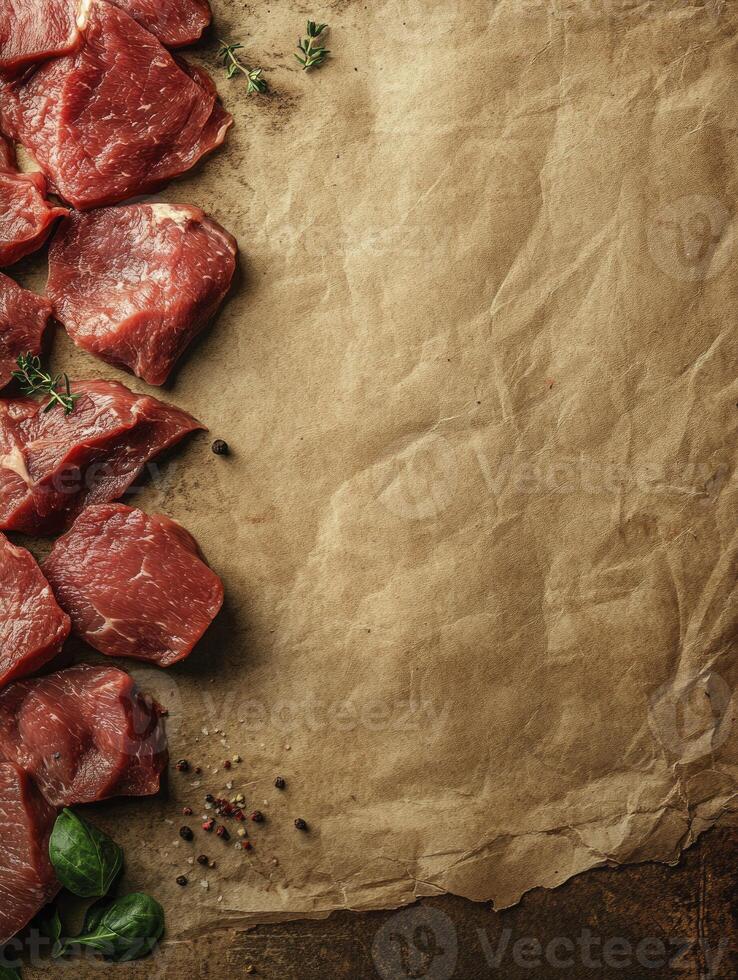 Raw Beef Steaks with Herbs and Spices on Parchment Paper photo