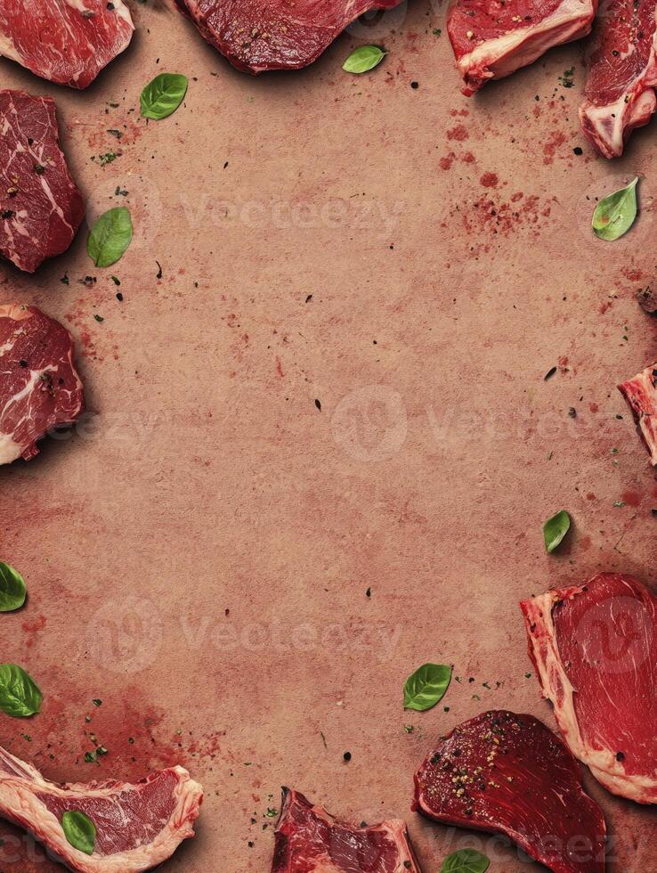 Fresh Raw Meat Steaks Arranged Around Blank Space with Basil Leaves photo