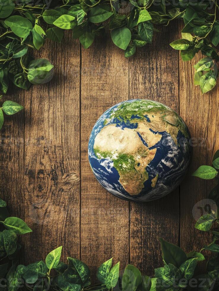 Earth Globe Surrounded by Green Leaves on Wooden Background for Ecology photo