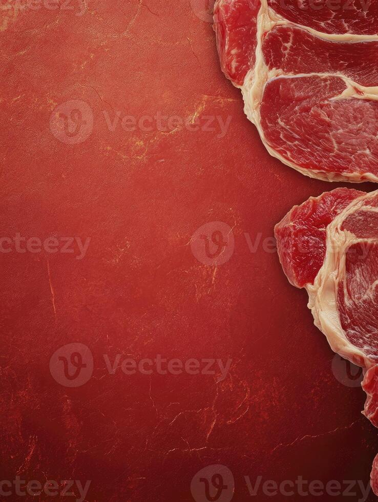 Raw Beef Steaks on Red Background for Food Photography and Recipes photo
