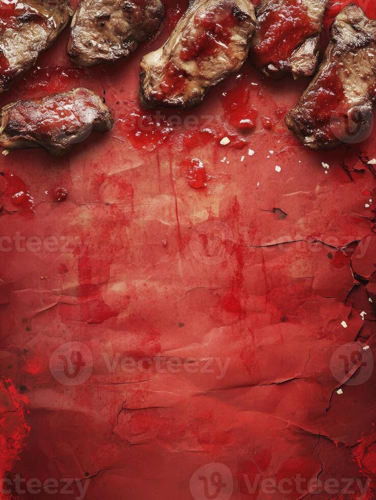 Grilled Meat Pieces with Red Sauce on Rustic Red Background Food photo