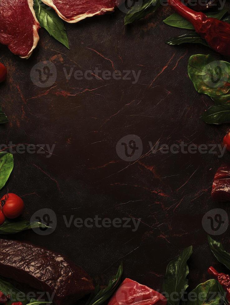 Preparing Gourmet Meat Ingredients Dark Background with Herbs and Vegetables photo