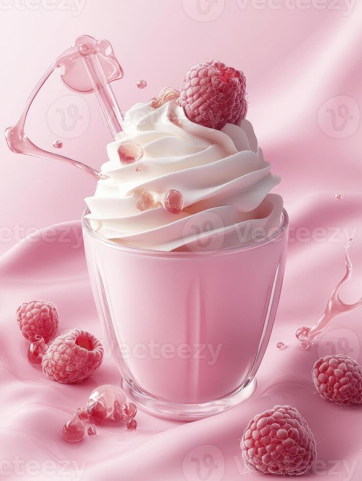 Refreshing Raspberry Smoothie with Whipped Cream and Delicate Pink Background photo