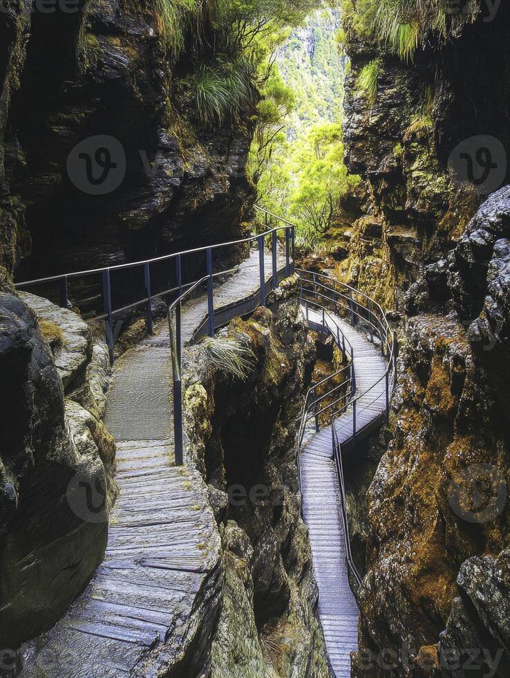 Walking Winding Path Through Rocky Gorge with Lush Greenery Above photo