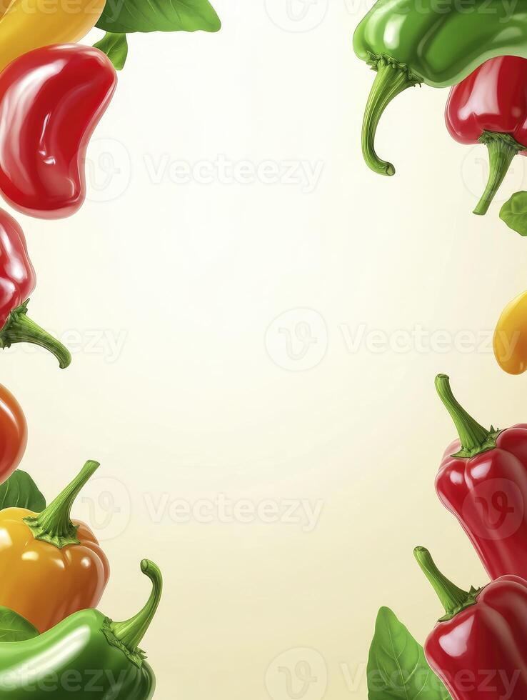 Colorful Peppers and Basil Arranged As Frame on Neutral Background photo