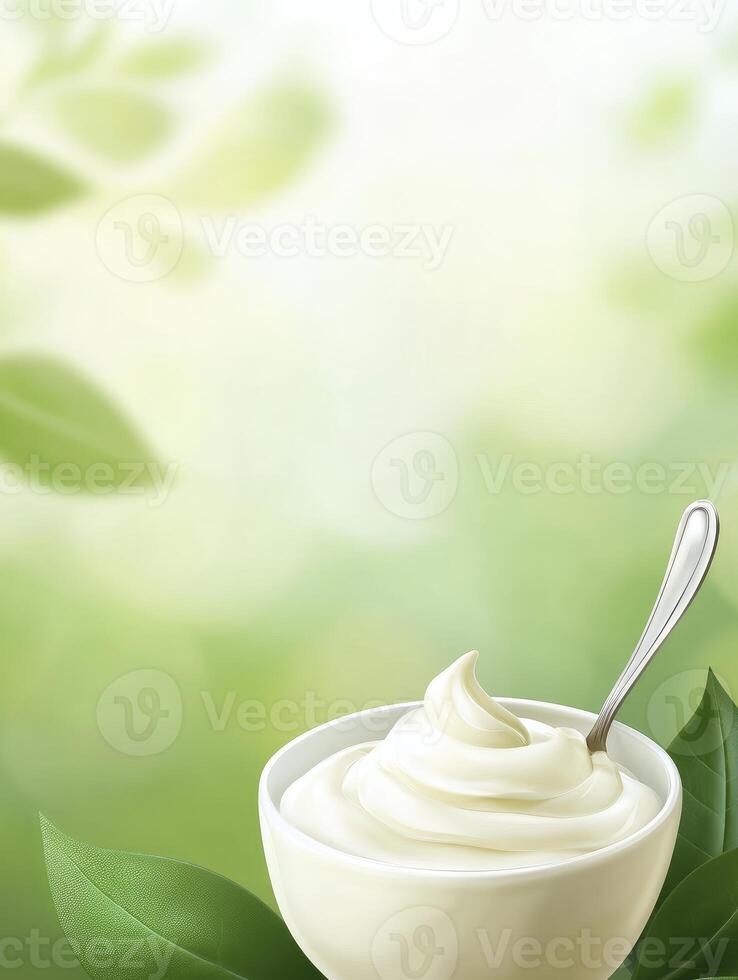 Serving Creamy Yogurt in Bowl with Spoon on Green Leafy Background photo