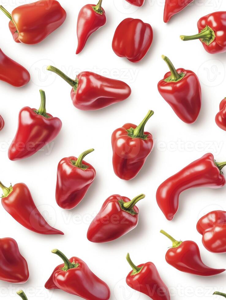 Scattered Red Bell Peppers Pattern on White Background, Fresh Produce photo