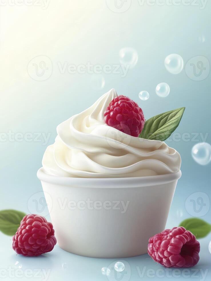 Delicious Frozen Yogurt with Raspberry Topping in Cup for Dessert photo