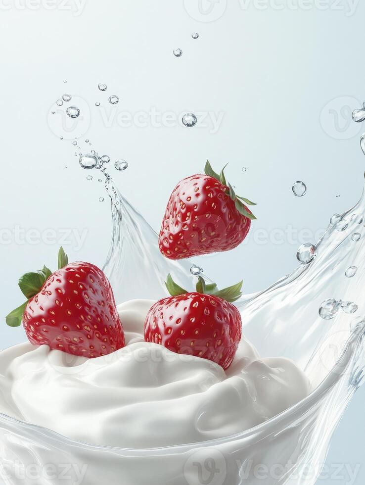 Fresh Strawberries Falling Into Cream with Splashing Water Droplets photo