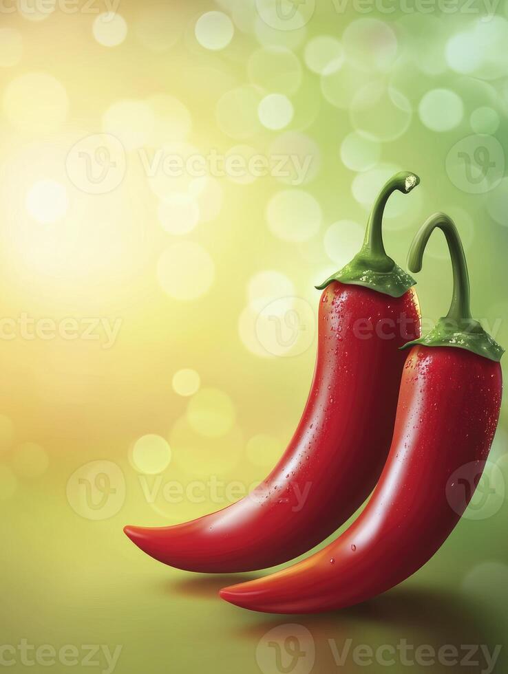 Two Red Chili Peppers with Water Droplets on Abstract Background photo