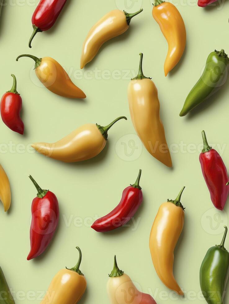 Colorful Chili Pepper Pattern on Green Background with Fresh Produce photo