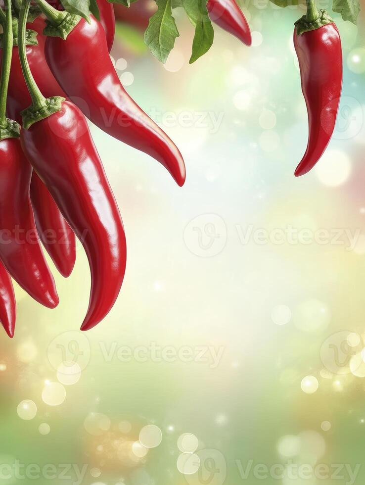 Vibrant Red Chili Peppers Hanging with Bokeh Background for Food Advertising photo