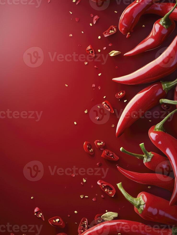 Red Chili Peppers with Seeds on Red Background for Culinary Design photo