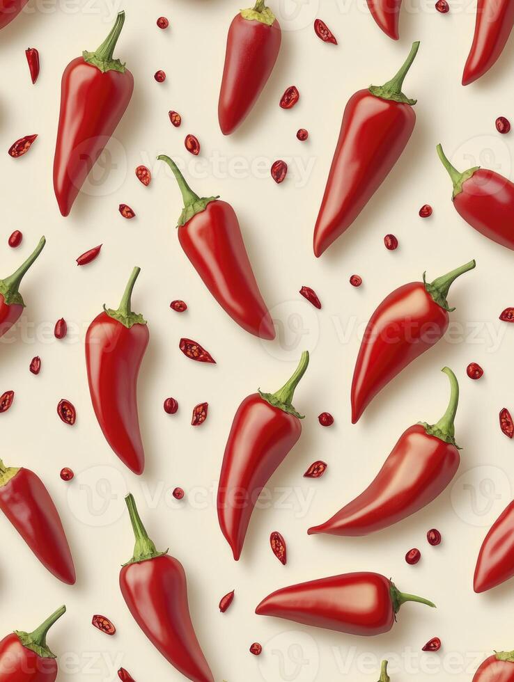 Red Chili Pepper Pattern with Seeds on Light Beige Background photo