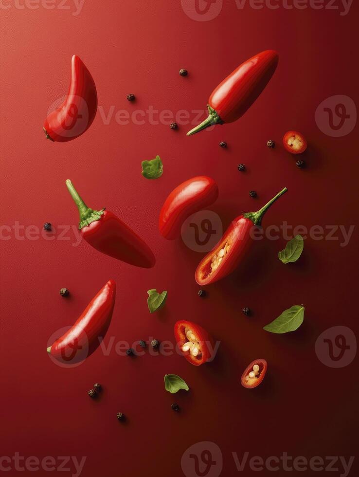 Arrangement of Red Chili Peppers with Basil and Black Peppercorns photo