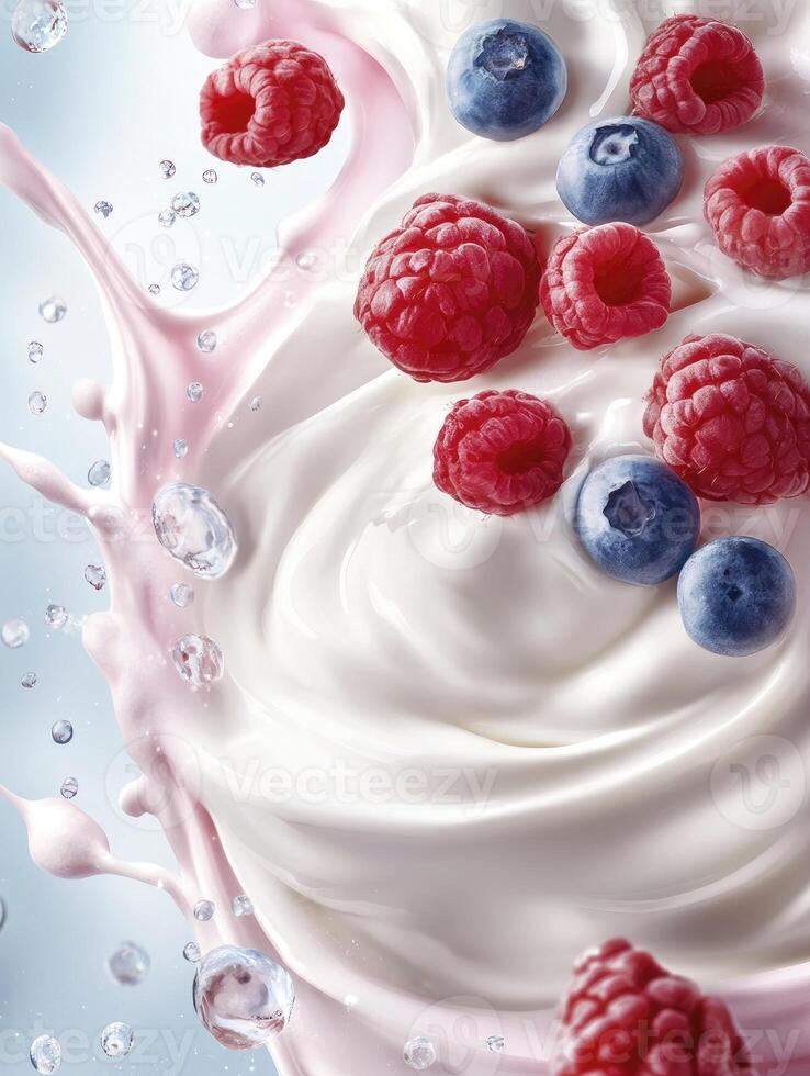 Raspberry and Blueberry Delight with Creamy Yogurt Swirl and Water Droplets photo