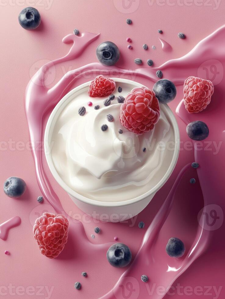 Yogurt Bowl with Fresh Raspberries and Blueberries on Pink Background photo
