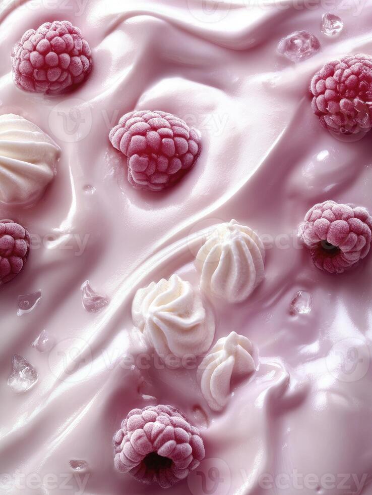 Creamy Raspberry Yogurt with Meringue and Ice Crystals Delicious Background photo