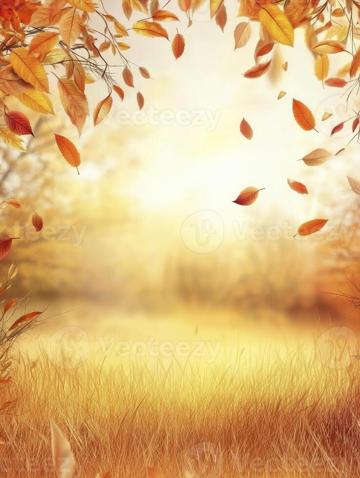 Falling Autumn Leaves Background in Warm Golden Light with Field photo