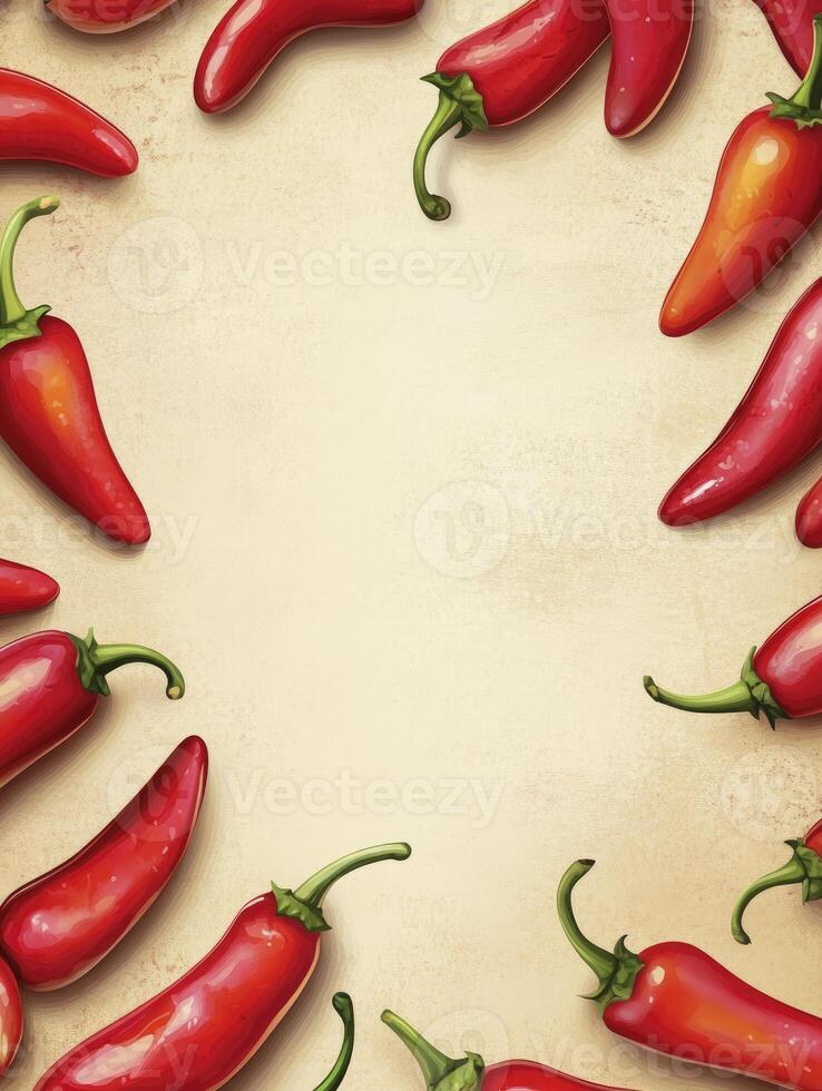 Red Chili Peppers Border on Beige Background for Food Related Design photo
