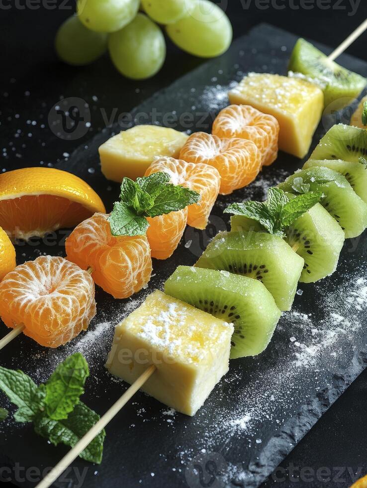 Preparing Refreshing Fruit Skewers with Kiwi, Tangerine, and Cheese photo