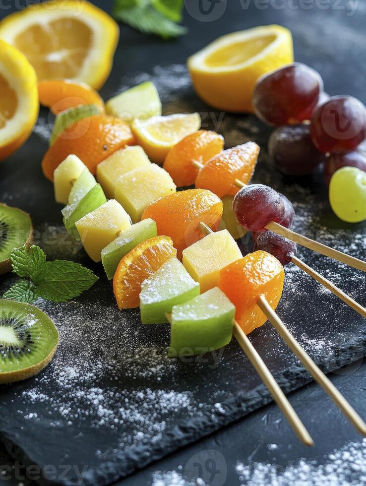 Making Healthy Fruit Skewers with Fresh Orange Apple and Grapes photo