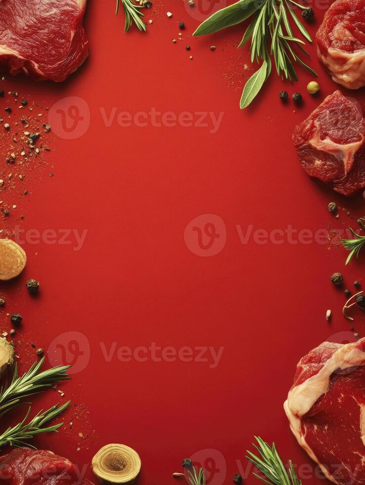 Raw Steak Meat Preparation with Fresh Herbs and Spices on Red photo