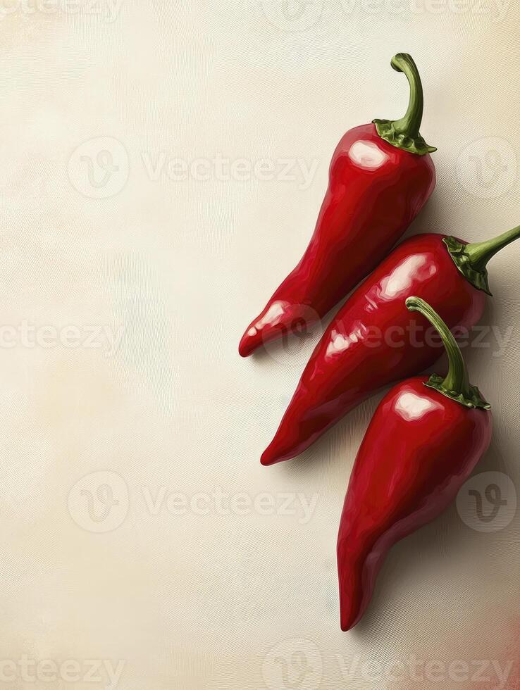 Three Shiny Red Chili Peppers on Neutral Background with Copy Space photo