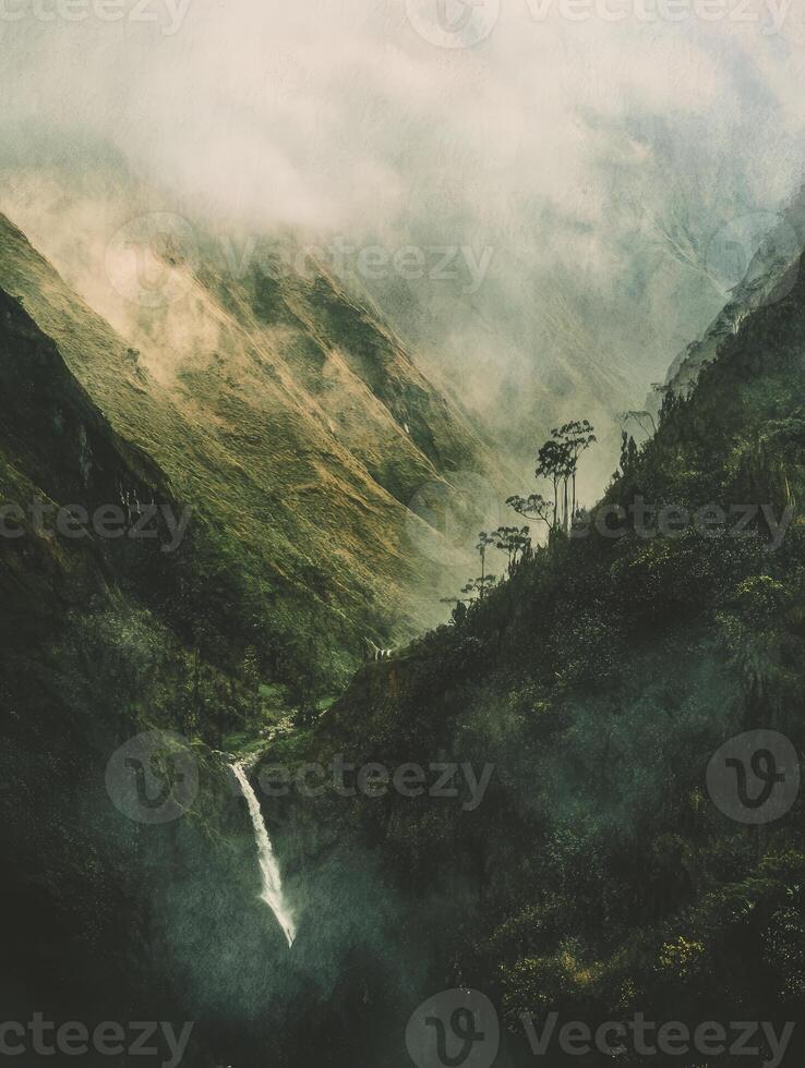 Waterfall in Lush Green Mountain Valley with Mist and Moody Atmosphere photo