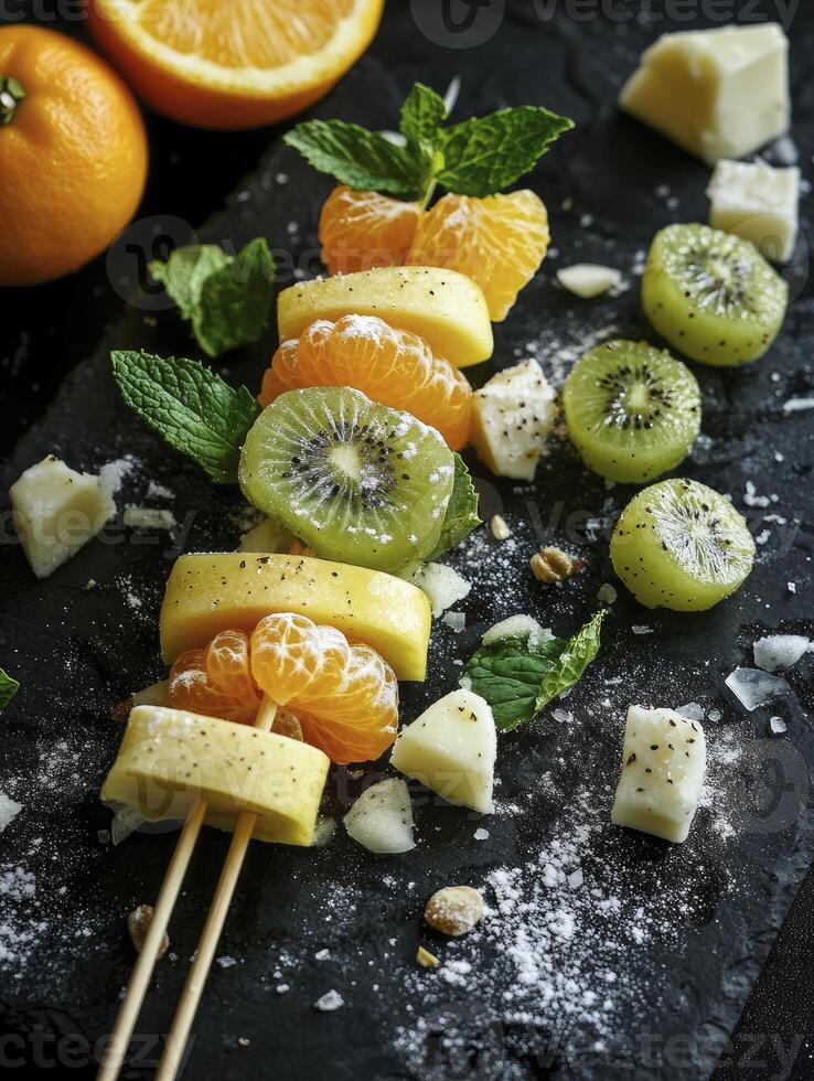 Arranging Fresh Fruit Skewers with Mint on Slate for Healthy Snacks photo
