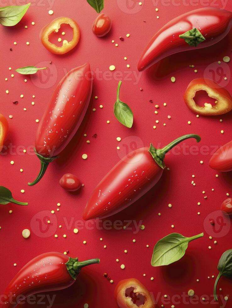 Red Chili Pepper Still Life with Basil on a Red Background photo