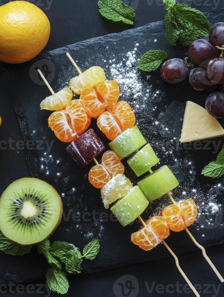 Arrangement of Colorful Fruit Skewers with Cheese and Mint on Slate photo