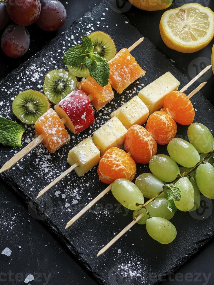 Arrangement of Fresh Fruit Skewers with Cheese on a Slate Board photo