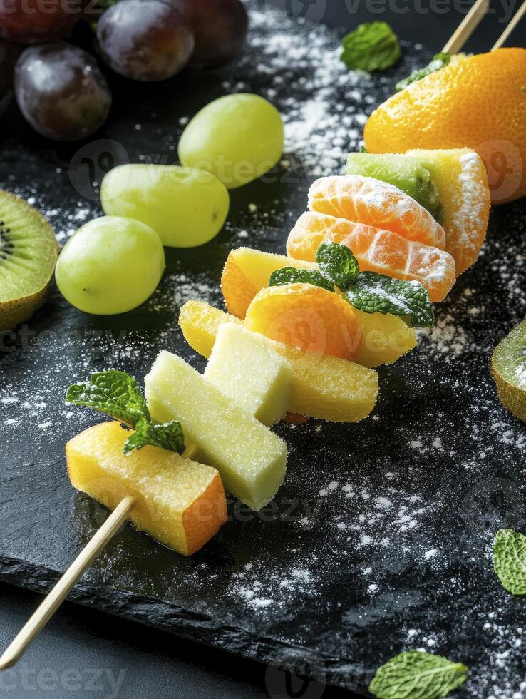 Arranged Fruit Skewers with Grapes and Kiwi on Slate Background photo