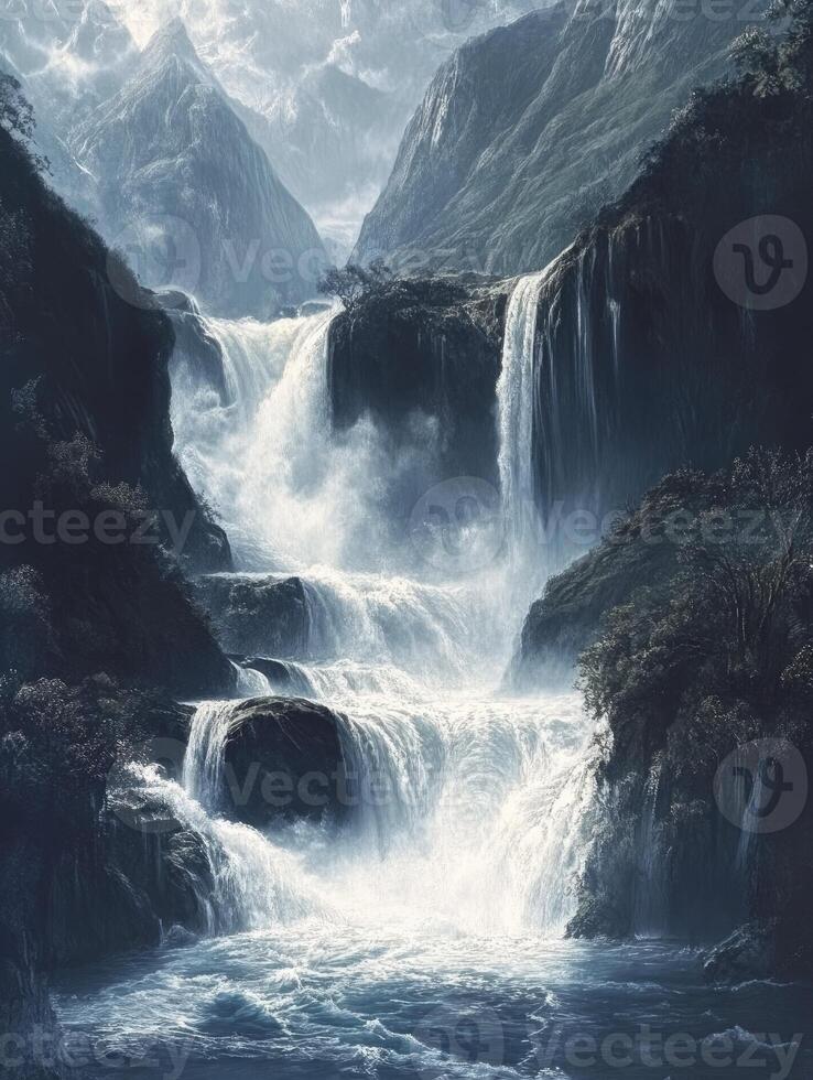 Majestic Waterfall Cascading Down Mountain Side with Lush Greenery photo