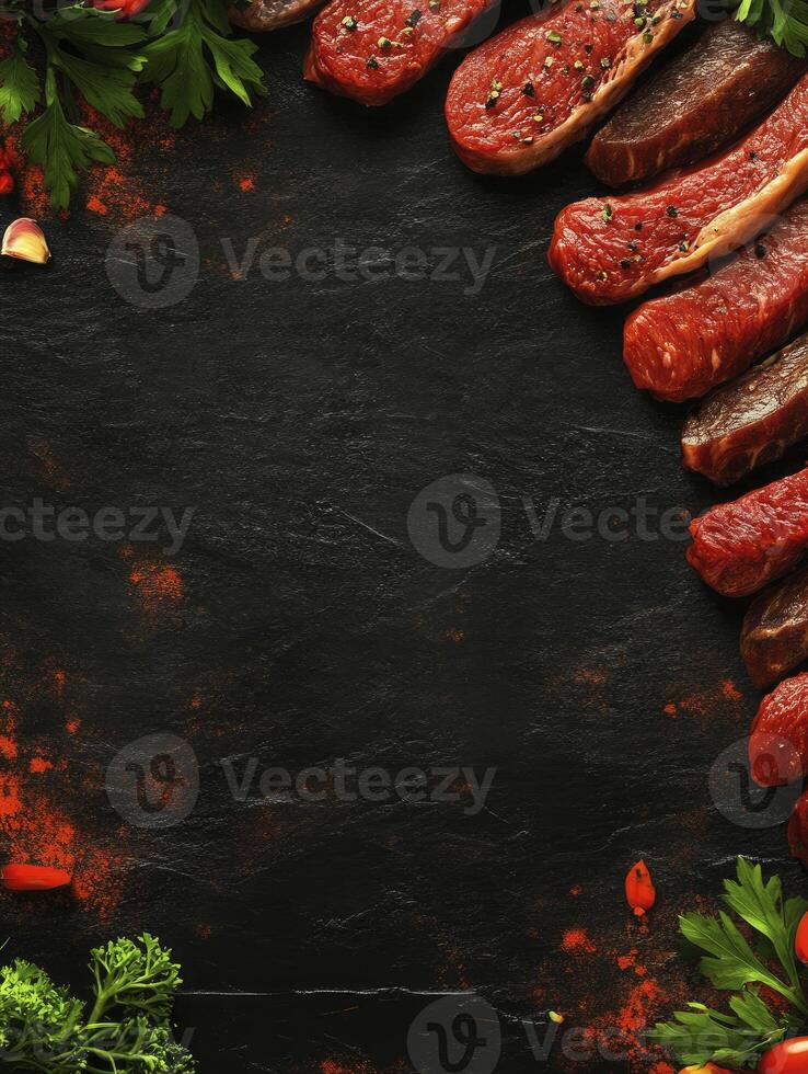 Preparing Raw Beef Steaks with Herbs and Spices on Dark Surface photo