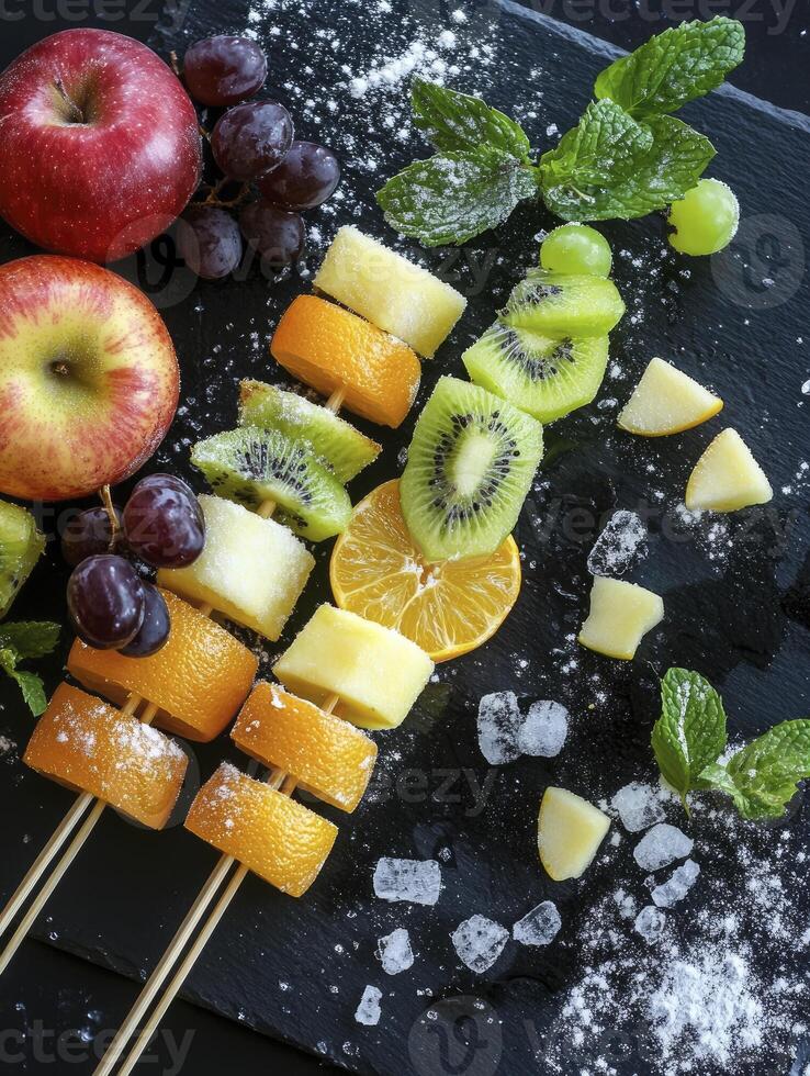 Assorted Fruit Skewers with Apple and Grapes on Black Background photo