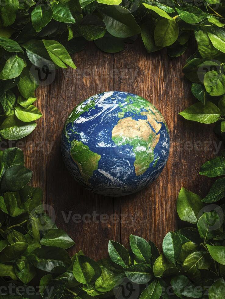 Earth globe surrounded by green leaves on wooden background photo