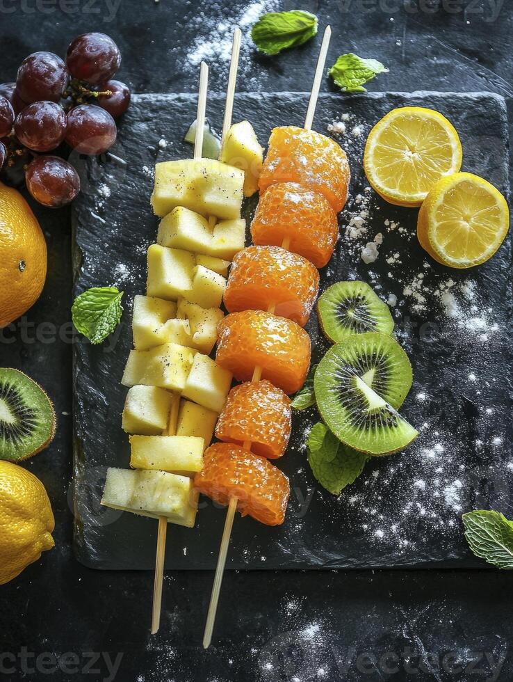 Arranged Fruit Skewers with Grapes, Kiwi, Lemon and Mint Leaves photo