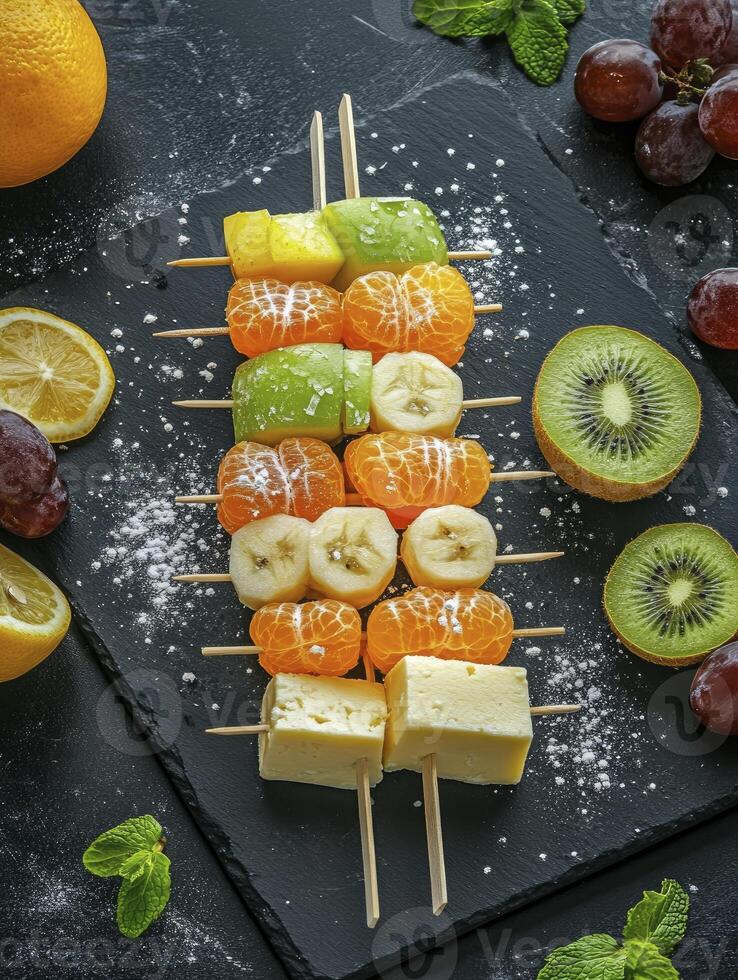 Fresh Fruit Skewers with Banana, Apple and Orange on Slate Board photo