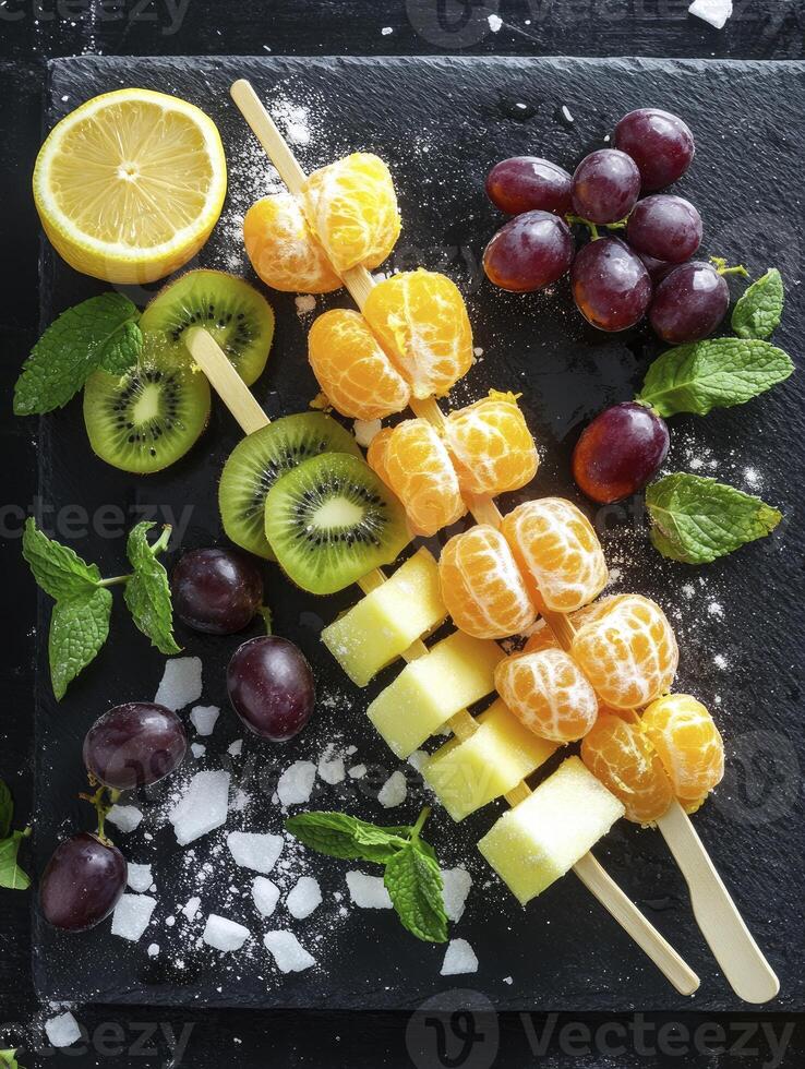 Colorful Fruit Skewers with Lemon and Grapes on Black Board photo